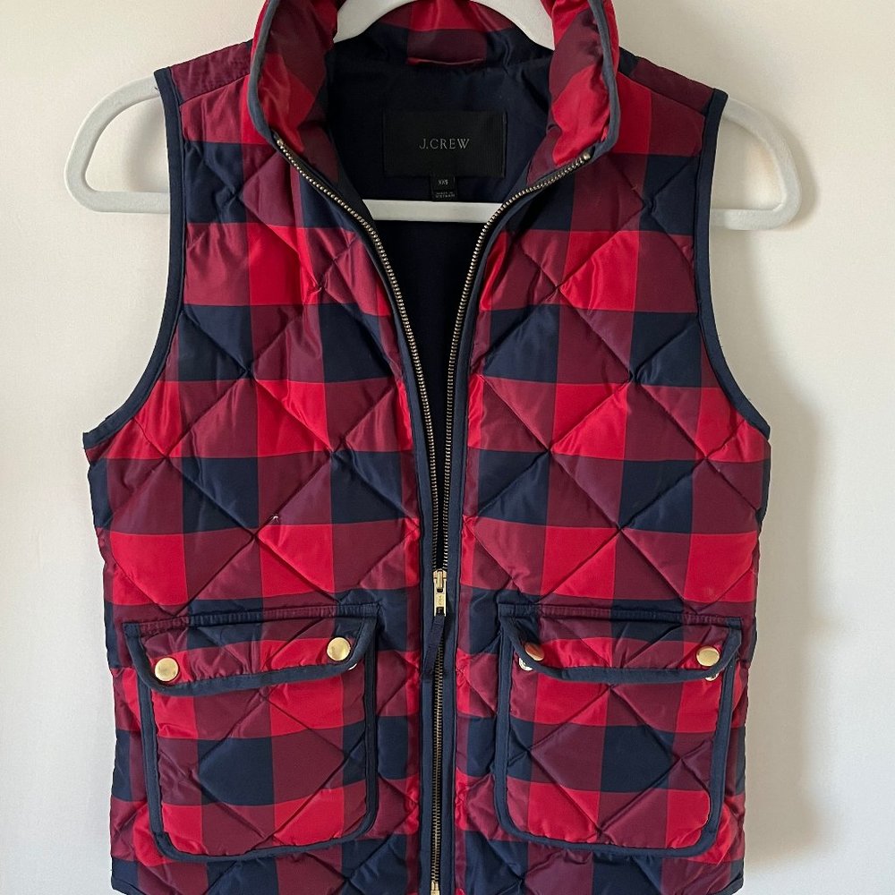 J. Crew Quilted Navy and Red Check Vest, XXS